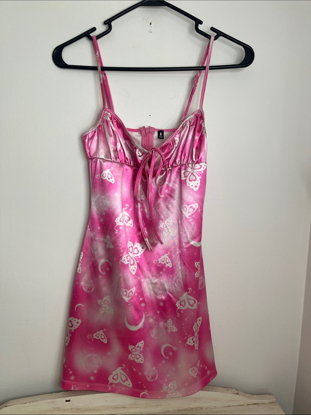 Horoscopez Small Pink Butterfly Satin Chemise with BowTie and Adjustable Straps